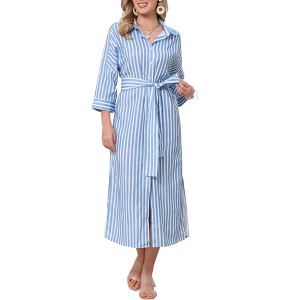 INSPIRE CHIC Women's Casual Turndown Collar Stripe 3/4 Sleeve Button Down Split Belted Midi Shift Dress - 1 of 4