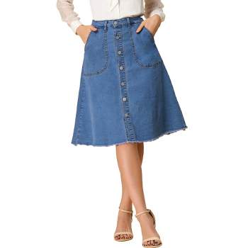 Allegra K Women's Raw Hem Single Breasted Button Down A-Line Midi Jeans Skirt