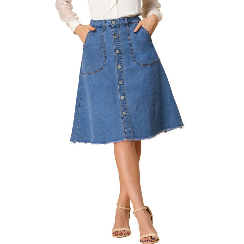 Allegra K Women's Raw Hem Single Breasted Button Down A-Line Midi Jeans Skirt, 1 of 7
