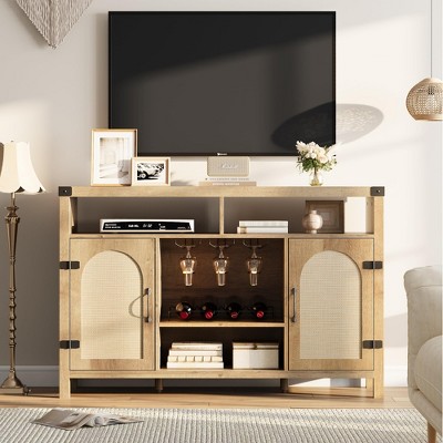 59.1" Rattan Farmhouse Wine Cabinet & Liquor Cabinet ¨C Boho Sideboard Buffet with Removable Wine Rack