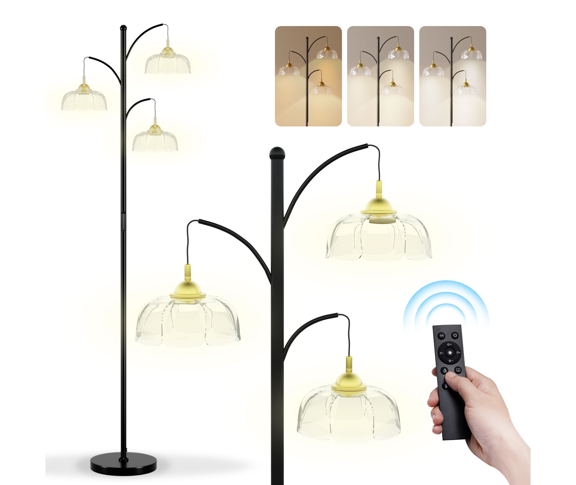 SUGIFT Floor Lamp with Remote Control 3-Light LED Flower Design Dimmable Standing Lamp with Petal Glass Shades Adjustable Brightness