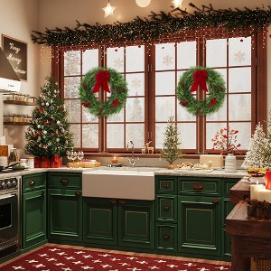 24 Inch Artificial Christmas Wreath, Cypress Wreath with Red Velvet Bow, Berry Clusters, Decoration for Front Door, Window, Fireplace - 1 of 4