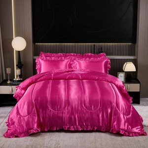 Satin Ruffle Comforter Set with Body Pillow Cover – 4-Piece Luxury Silk-Like Bedding, Soft Lightweight All-Season Quilt - 1 of 4