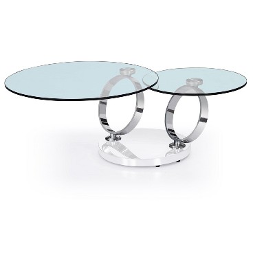 HomeRoots 32" Clear White and Silver Glass And Metal Round Abstract Coffee Table