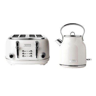 Haden Heritage 75012 1.7 Liter Stainless Steel Body Retro Electric Tea Kettle & Haden Heritage 75013 4 Slice Wide Slot Retro Toaster, Ivory White