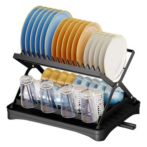 NewHome"2-Tier Foldable Dish Drying Rack with Cup Holder, Utensil Holder, Drainboard, Rustproof, Black"Black - 1 of 4