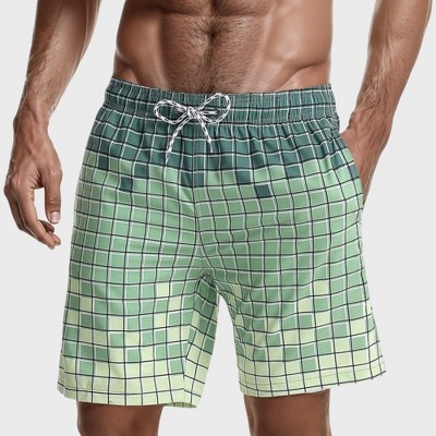 Anna-Kaci Swim Men's Gradient Checkered Swim Trunks with Adjustable Drawstring Waistband and Quick-Dry Lightweight Fabric