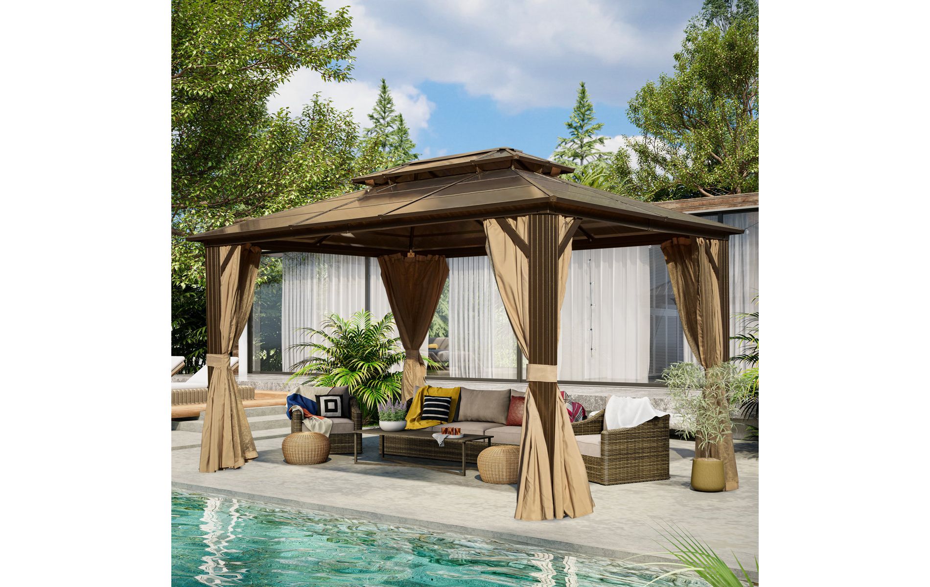EROMMY 13 Ft. W x 10 Ft. D Outdoor Gazebo, Aluminum Frame Pergola with Double Roof Canopy, Permanent Pavilion with Netting and Curtains for Lawn