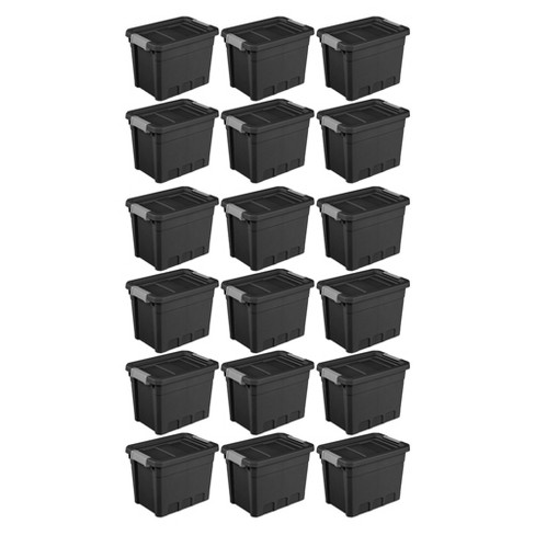 Sterilite 7.5 Gallon Plastic Stacker Tote, Heavy Duty Lidded Storage Bin  Container for Stackable Garage and Basement Organization, Black, 18-Pack