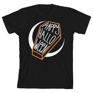 Kids Halloween Coffin on Crescent Moon Youth Black Short Sleeve Crew Neck Tee - 1 of 4