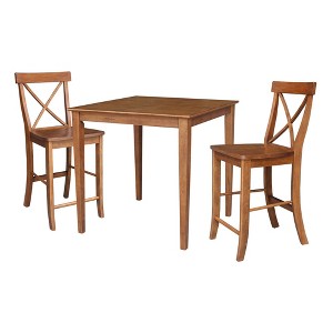 3pc 36"x36" Solid Wood Counter Height Dining Table Set with 2 X-Back Stools Distressed Oak - International Concepts: Hardwood, Rubberwood - 1 of 4