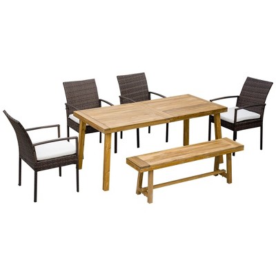 Resenkos Outdoor Dining Set For 6, Four Chairs And A Dining Bench, Acacia Wood, PE Rattan, White