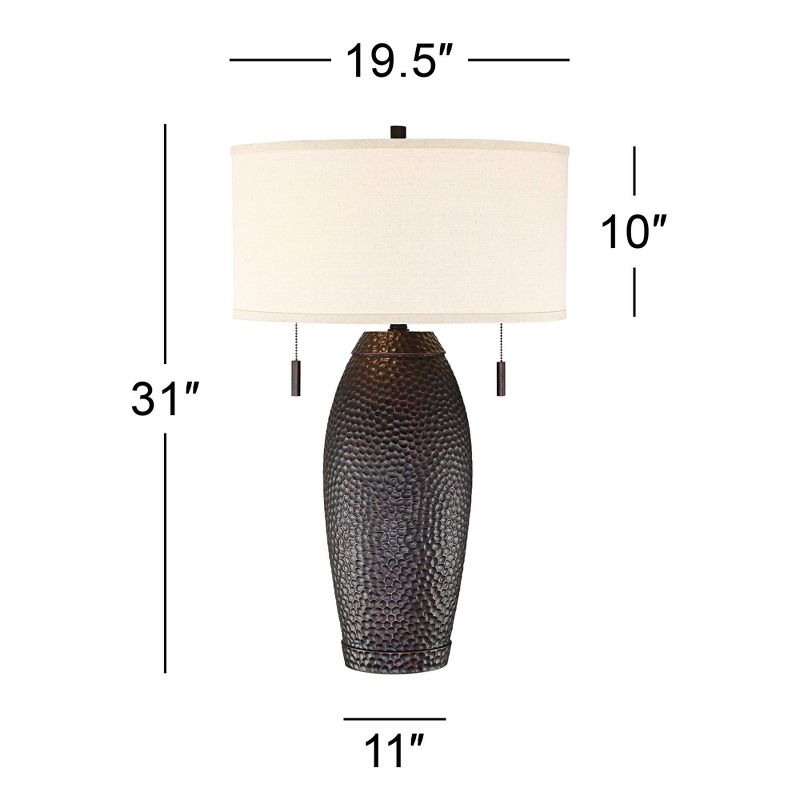 Franklin Iron Works Noah Modern Rustic Farmhouse Table Lamp 31" Tall Hammered Bronze Oatmeal Fabric Drum Shade for Bedroom Living Room Bedside Office, 4 of 10