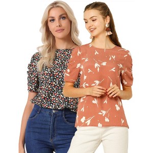 Allegra K Women's Floral Summer Crew Neck Casual Shirred Short Sleeve Blouse 2 Pcs - 1 of 4