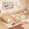 Tangkula Twin Size Floor Bed w/High Fence & Door Safety Guardrails Wood Floor Bed Frame - 3 of 4