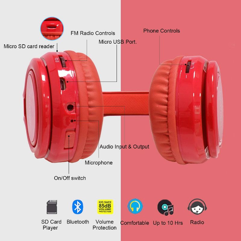 Contixo KB2600 Kids Bluetooth Wireless Headphones -Volume Safe Limit 85db -On-The-Ear Adjustable Headset (Red), 5 of 10