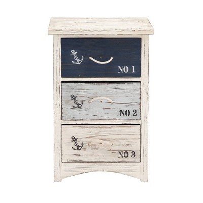 White and Blue Wood Nautical Night Table with Rope Handles