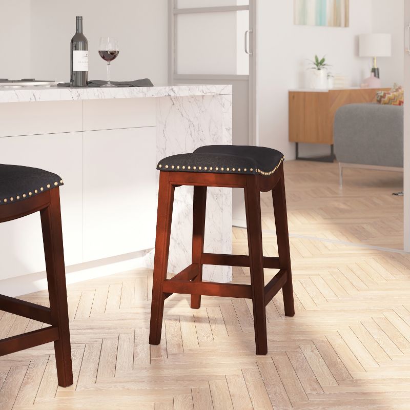 Merrick Lane 26'' Backless Saddle Style Counter Stool Traditional Wood Stool with Nail Accent Trim, 5 of 13