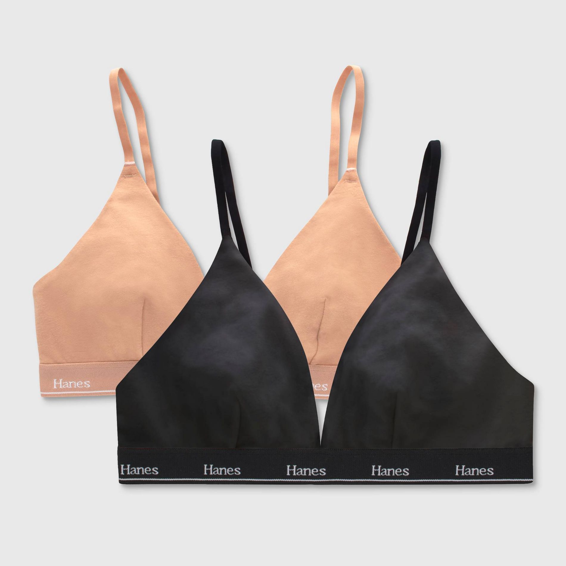 Hanes Originals Women's 2pk Stretch Cotton Triangle Bralette MHT102 - Black/Camel M: Unlined Cups, Adjustable Straps, Medium Size