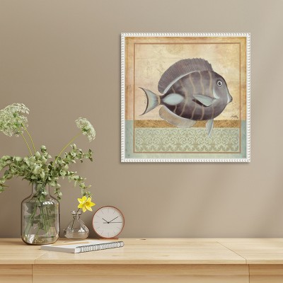 Vintage Fish II Coastal Canvas Wall Art with White Beaded Frame
