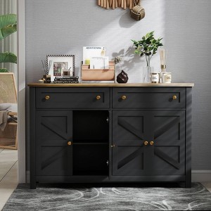 Angel Sar 55'' Farmhouse Buffet Cabinet with Drawers and Barn Door Design, Sideboard for Dining Room and Kitchen, Black - 1 of 4