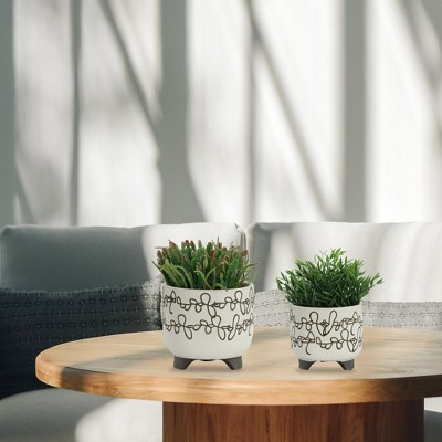 Sagebrook 8" Round Beige Ceramic Scribble Footed Planter Set