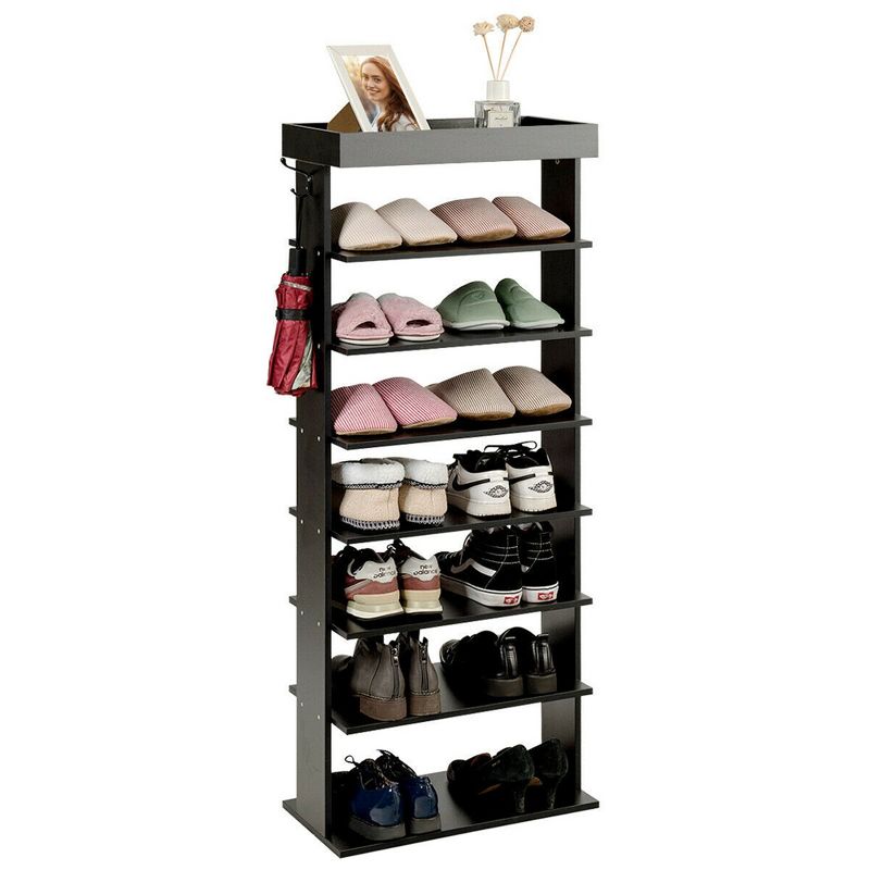 Costway 7-Tier Shoe Rack Vertical Design Wooden Shoe Storage Shelf w/Hooks Black, 1 of 11