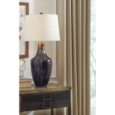 Evania Indigo Distressed Metal Table Lamp with Fabric Shade
