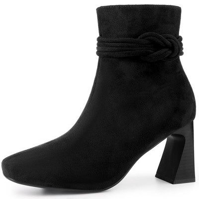 Allegra K Women's Knot Decor Square Toe Side Zip Chunky Heels Ankle Boots