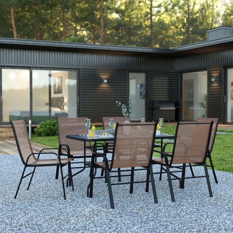 Emma and Oliver Seven Piece Patio Table Set with Metal Table with Tempered Glass Top and 6 Flex Comfort Stacking Chairs, 2 of 11