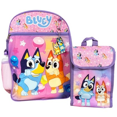 Fast Forward Bluey Kids School Backpack 16" 5PC Lunch Bag Set, Pink and Purple