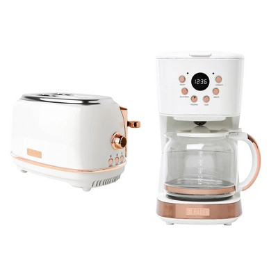 Haden Heritage 2 Slice Wide Slot Stainless Steel Toaster Bundled with 12 Cup Programmable Drip Coffee Maker Coffee Machine, Ivory & Copper