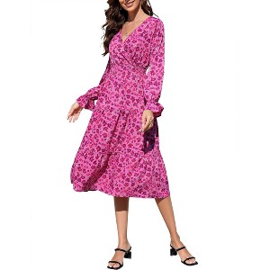 BLUEMING Womens V Neck Long Sleeve Peasant Dress Poet Sleeve Dress Surplice Shirred Waist Tiered Womens Fall Fashion, hot pink - M - 1 of 4
