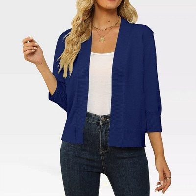 Women's Lightweight 3/4 Sleeve Cropped Cardigan Sweater Open Front Short Shrugs,Dark Blue - L
