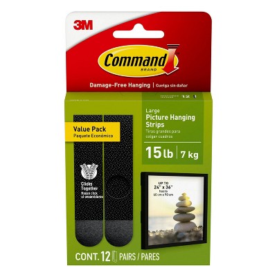 Command 12 Sets of Strips Large Sized Picture Hanging Strips Black: Heavy Duty Adhesive, Plastic, 3.649" Length, 0.751" Width