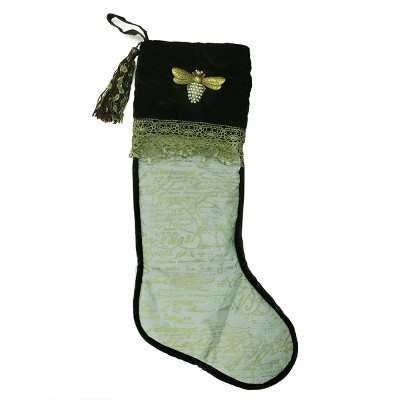 Northlight 27" Sage Green and Gold French Writing with Bee Christmas Stocking