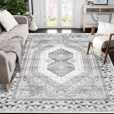Machine Washable Vintage Runner Rug, Non Slip Low Pile Oriental Carpet for Entryway, Hallway, Kitchen, Laundry