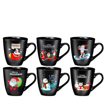 Bruntmor 16 Oz Ceramic Christmas theme Coffee Mug Set of 6, Black
