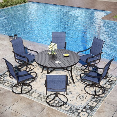 Captiva Designs 7pc Black Outdoor Dining Steel Table & Padded Textilene Swivel Chairs