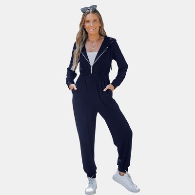 Women's Navy Hooded Zip-Up Tapered Jumpsuit - Cupshe
