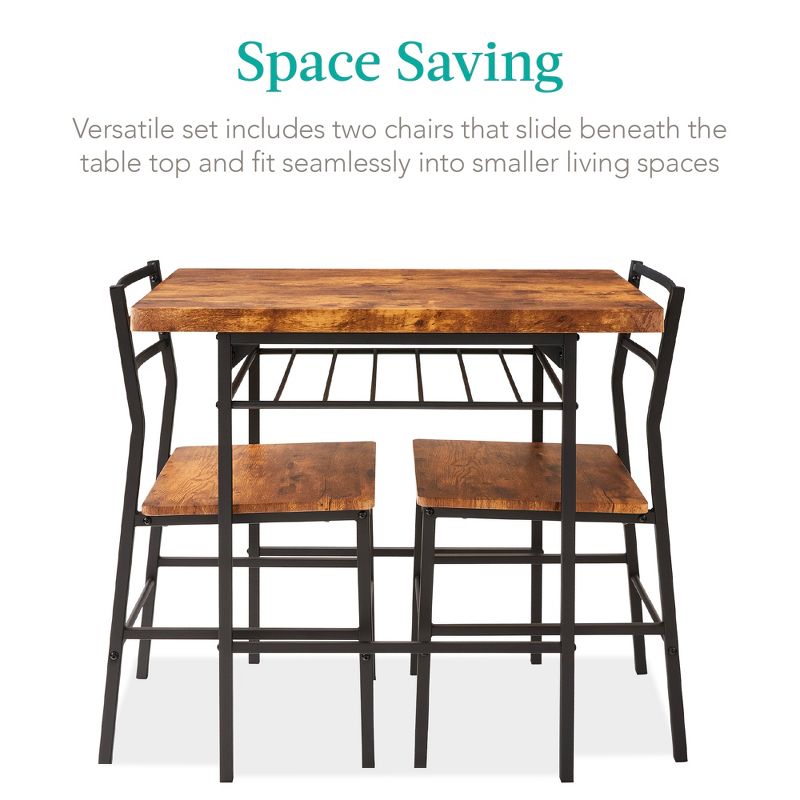 Best Choice Products 3-Piece Modern Dining Set, Square Table & Chairs Set w/ Steel Frame, Built-In Storage Rack, 3 of 9