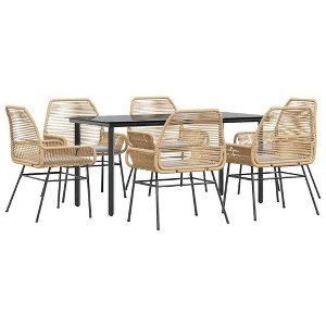 vidaXL Patio Dining Set with Cushions Garden Table and Chairs Poly Rattan Glass - Brown 63" x 31.5" x 29.1" 6 Pieces - 1 of 4