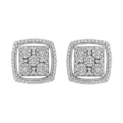 Haus of Brilliance Silver 3/8 Cttw Miracle Set Round Diamond Double Halo Cluster Earrings