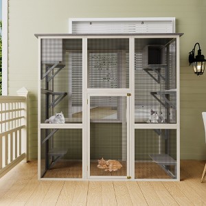 Gray Wooden Outdoor Catio Cat Enclosure with Asphalt Roof 6 Platforms and 2 Napping Boxes, Solid Wood Cat Cage Pet House - 1 of 4