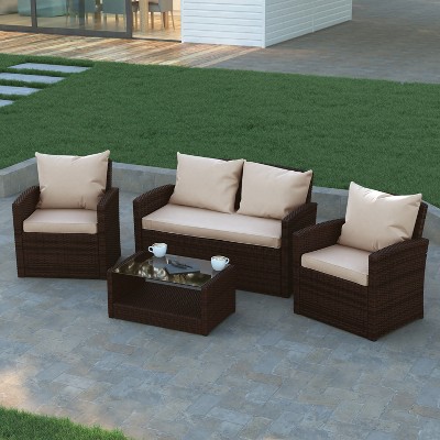 Emma and Oliver 4-Piece Brown Rattan Patio Set with Beige Cushions