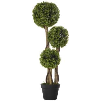 HOMCOM 35.5" Artificial Plant for Home Decor Indoor & Outdoor Fake Plant Artificial Tree in Pot, Ball Boxwood Topiary Tree, Light Green