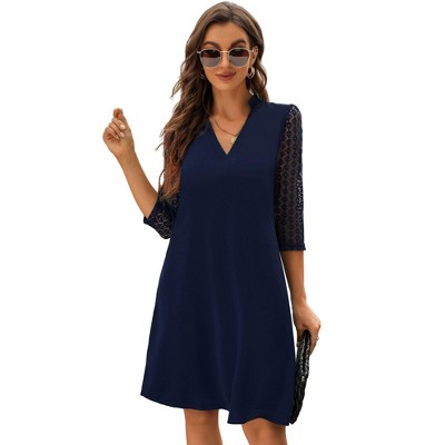 Womens  A Line Dress with Lace Braclet Sleeve V Neck Tunic Dress Mesh Sleeve Summer Basic Dress, Navy Blue - 2X
