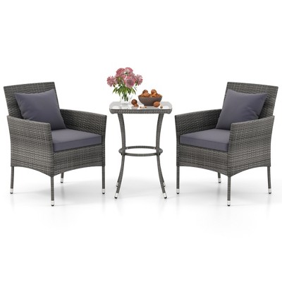 Tangkula 3-Piece Patio Furniture Set PE Wicker Conversation Bistro Set w/ A Tempered Glass Table