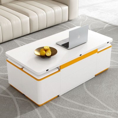 NicBex 16.9"-24.4"Exquisite Lift-Up Coffee Table Combo with 4 Stools for Living Room,2-In-1 Accent Center Table&Low Dining Table,130lbs Max