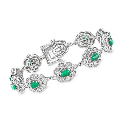 Ross-Simons 3.60 ct. t.w. Emerald and 1.40 ct. t.w. White Topaz Link Bracelet in Sterling Silver Size 7